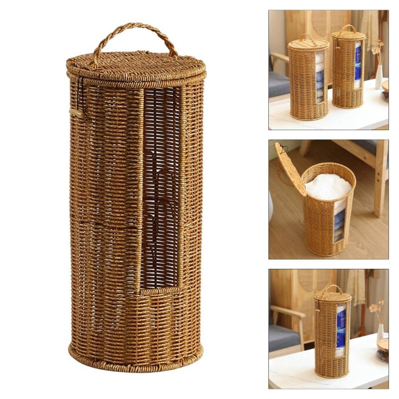 Handgewebter Zylinder Aufbewahrungskorb Badezimmer Organizer für 3 Rollen Toilettenpapier Freistehendes Badregal Dekoration