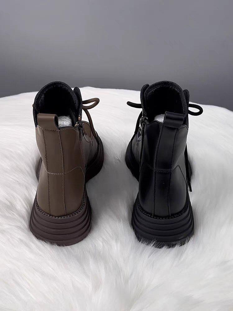 Damen Martin Boots aus weichem Leder mit Fleecefutter - 2024 Herbst/Winter Warm gefütterte Stiefeletten mit dicker Sohle, flachem Boden und vielseitigem verdicktem Baumwollfutter.