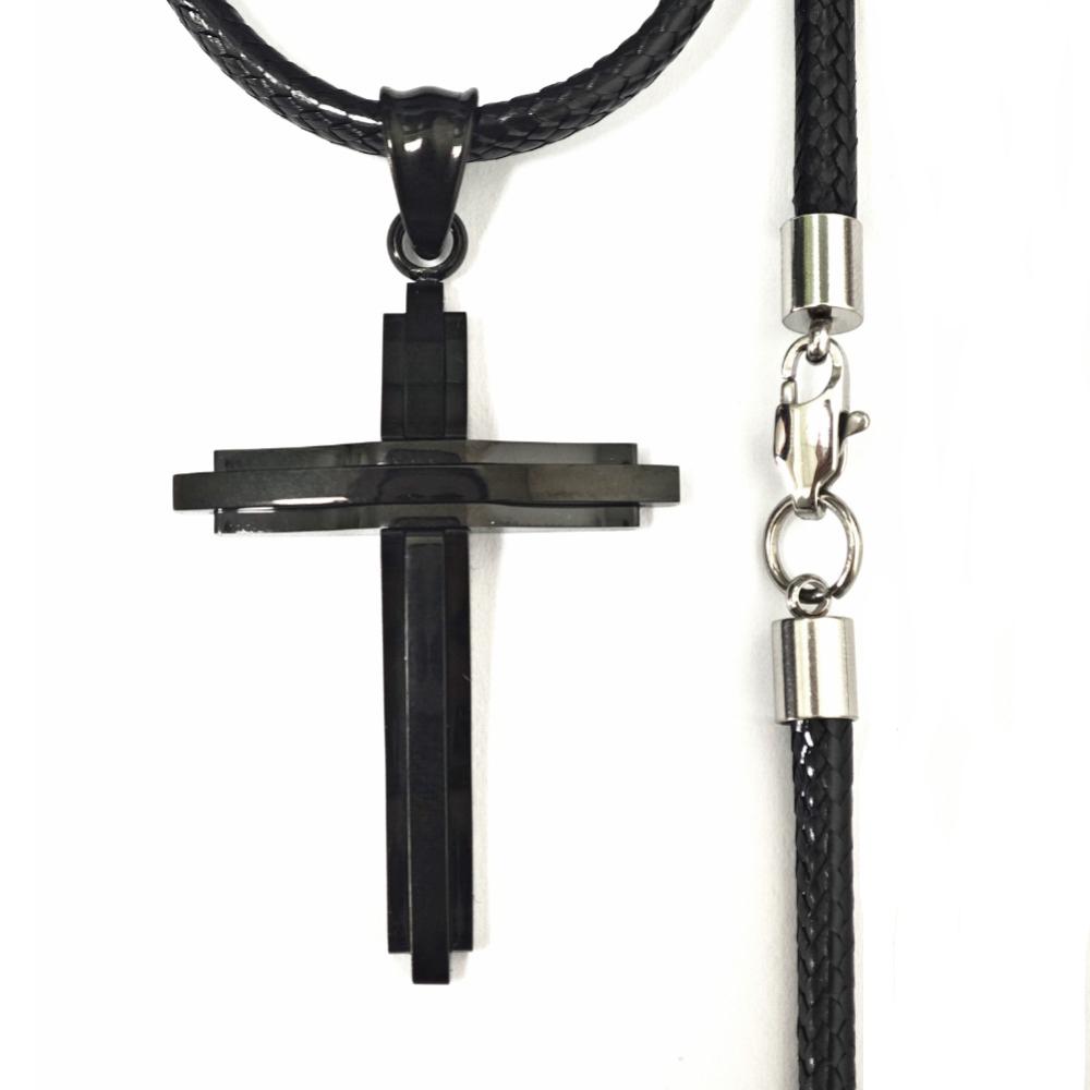 Stainless Steel Double-layer Cross Leather Rope Necklace Men's Black 3MM Simple Jewelry