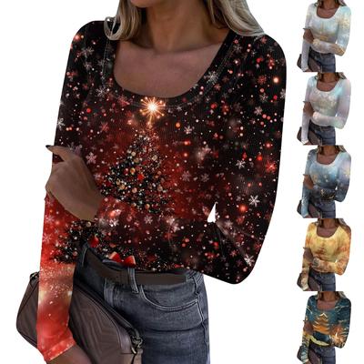 Γυναικείο μοντέρνο λεπτό σλιπ, casual, με μακριά μανίκια, χριστουγεννιάτικο τυπωμένο πουλόβερ με λαιμόκοψη U