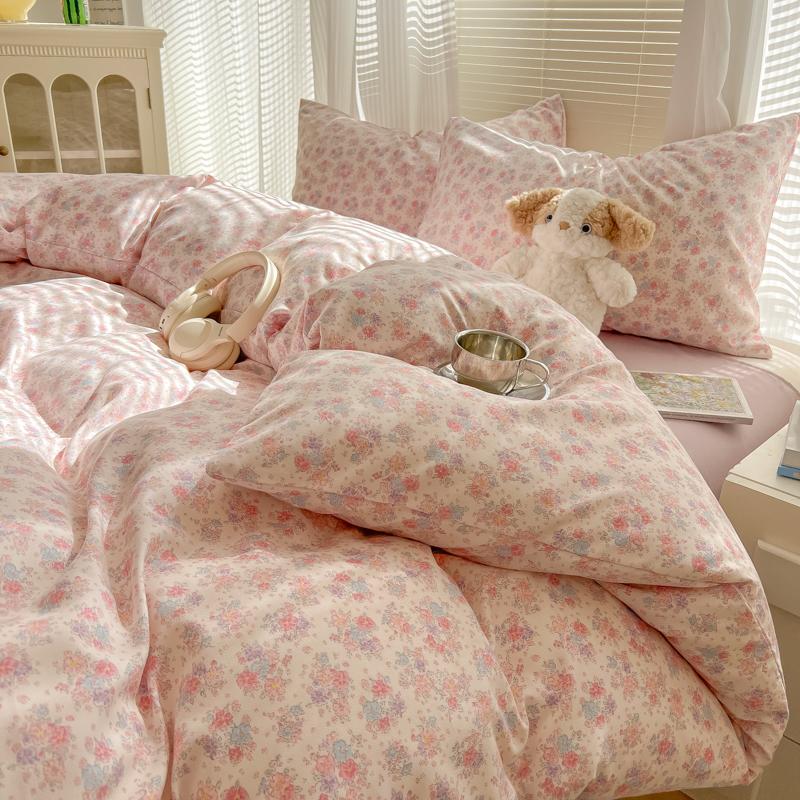 2025 Duvet Set Double Yarn Four-piece Set Class A Aerobic Knitted Cotton Printed Love Bed Cover Skin Friendly Breathable Bedding