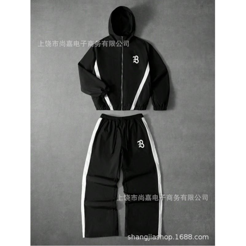 Mens Hooded Zip-Up Letter Print Tracksuit Set Casual Sportswear Lightweight Air Layer Fabric Fall