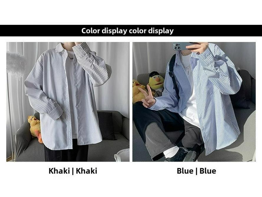 Men's Retro Striped Long-Sleeve Shirt: Casual, Versatile, Loose-Fit Top for Spring/Summer 2024