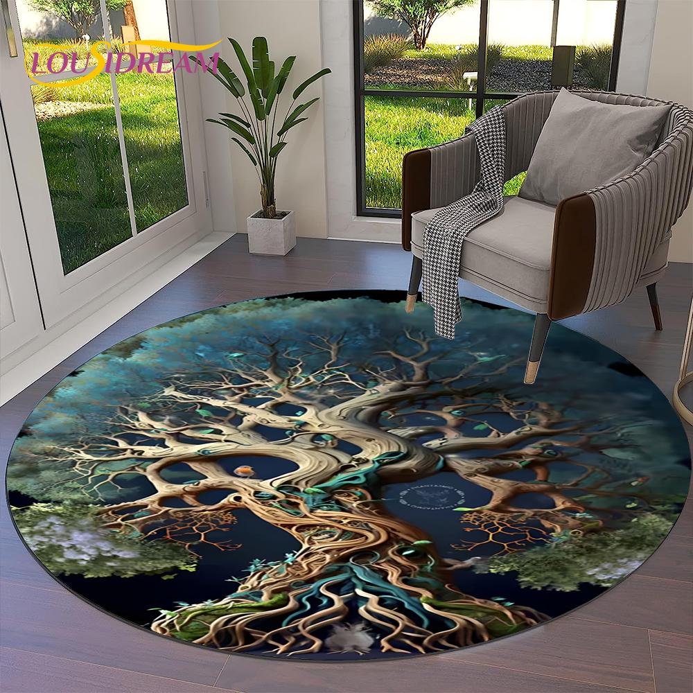 Tree of Life Viking Yggdrasil Valknut Round Carpet Rug for Living Room Bedroom Sofa Decor,Kid Paly Area Rug Non-slip Floor Mat