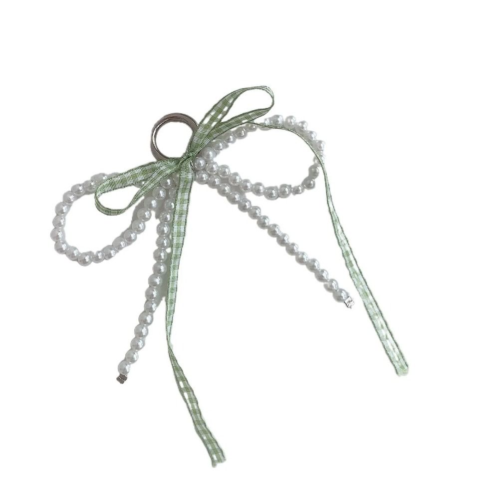 

Zinc Zinc Alloy Ribbon Beaded Keychain Heart Y2k Bag Pendant Ins Fashion Pearl Bow Key Ring Women green-plaid