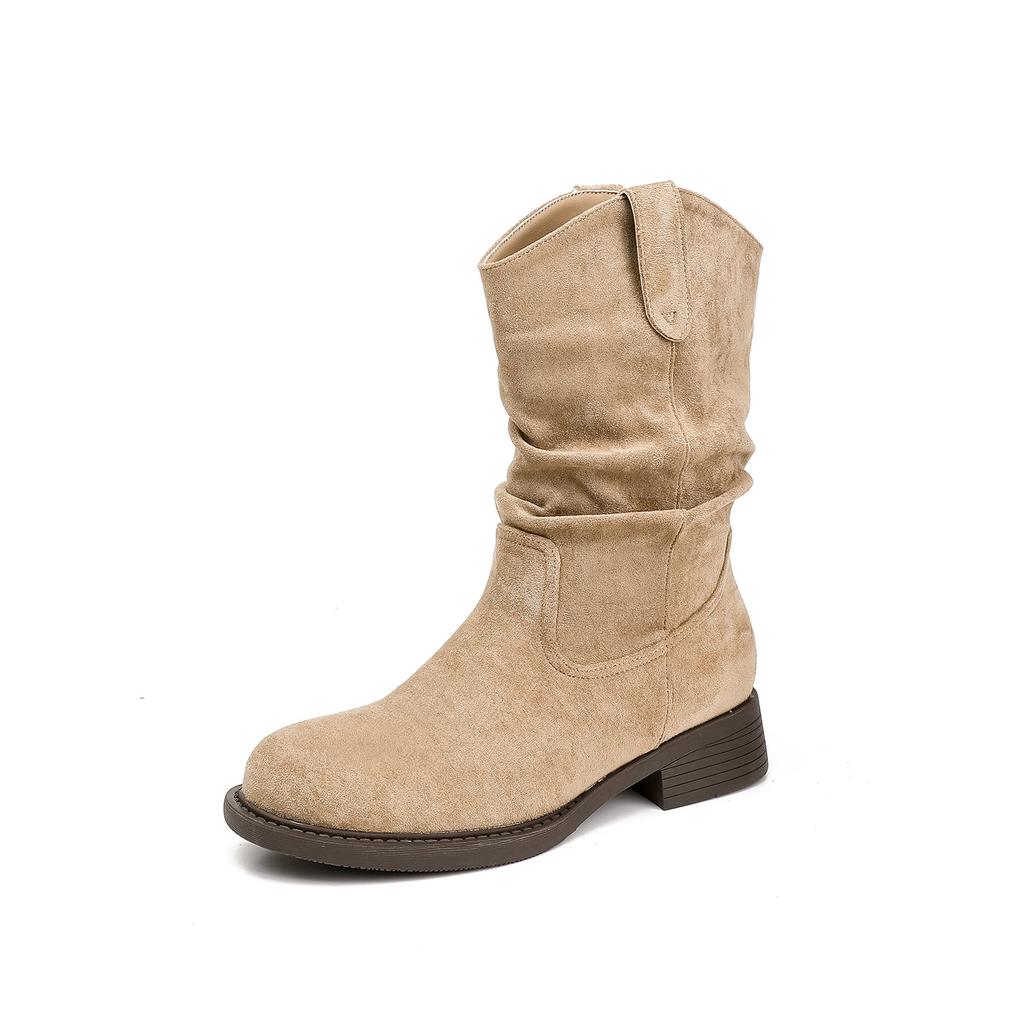 New Khaki Medium Tube Martin Boots Women's Spring and Autumn Stacking Boots Pleated Single Boots Women's Medium Tube Western Cowboy Boots