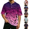 Men's Casual Waffle Knit Raglan Sleeve Short Sleeve Henley Top with Halloween Bat Print for Relaxed Daily Wear