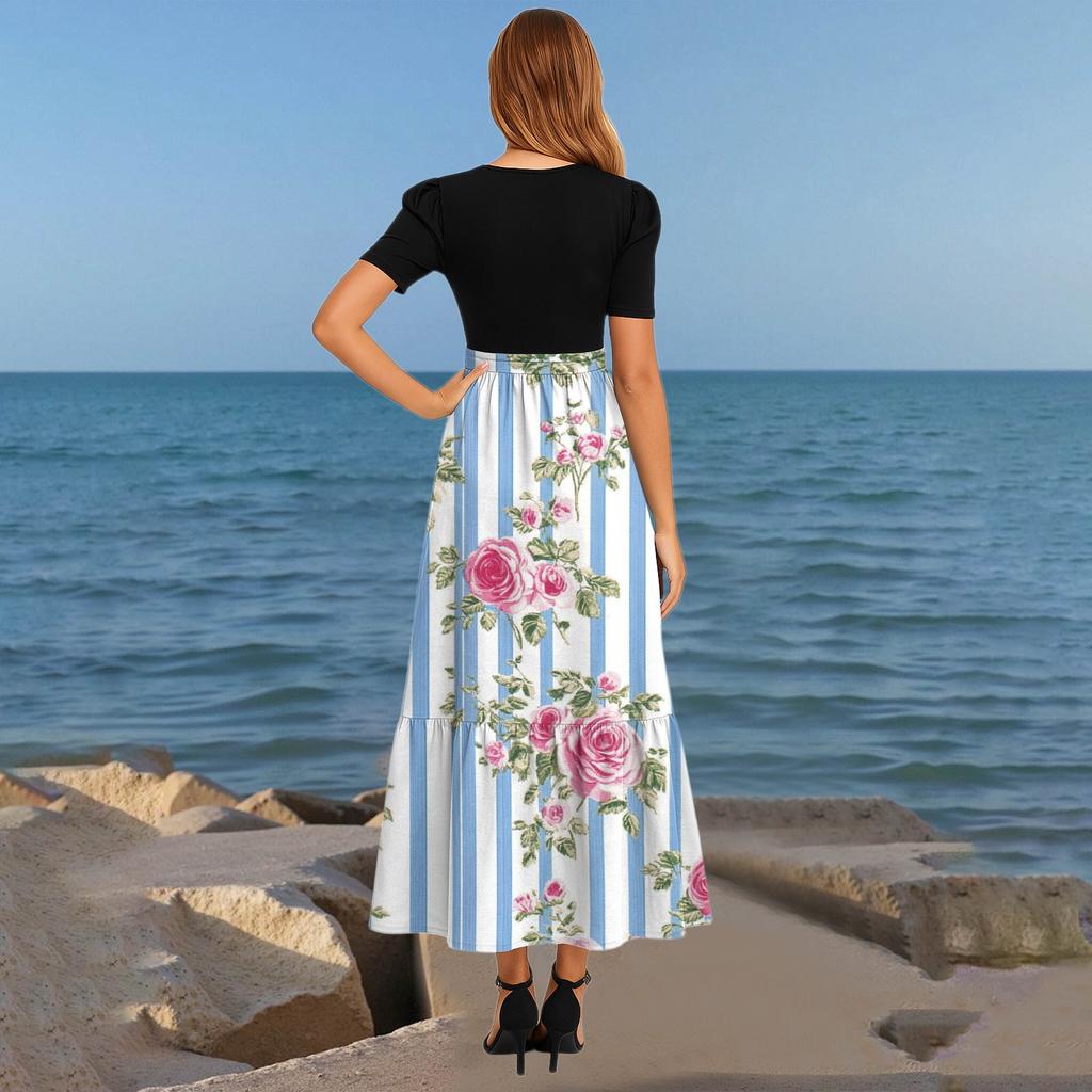 Damen Modisches Lässiges Gürtel Kurzärmeliges Rundhals Print Elegantes Temperament Kleid