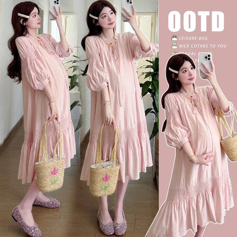 2026 Spring/Summer Solid V-Neck Lace-Up Loose Maternity Dress