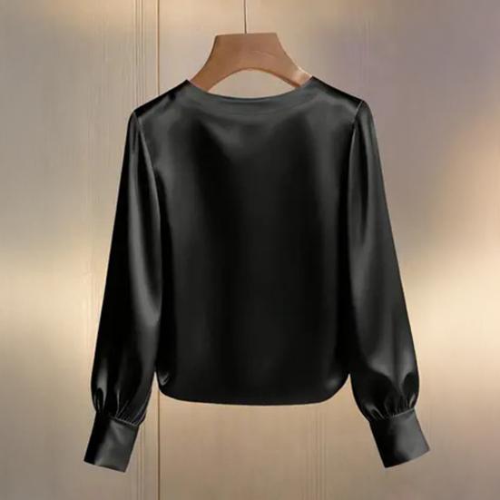 Women Tops Round Neck Long Sleeve Smooth Satin Pullover Tops Solid Color Loose Fit Faux Pearls Decor Casual Shirt Daily Wear