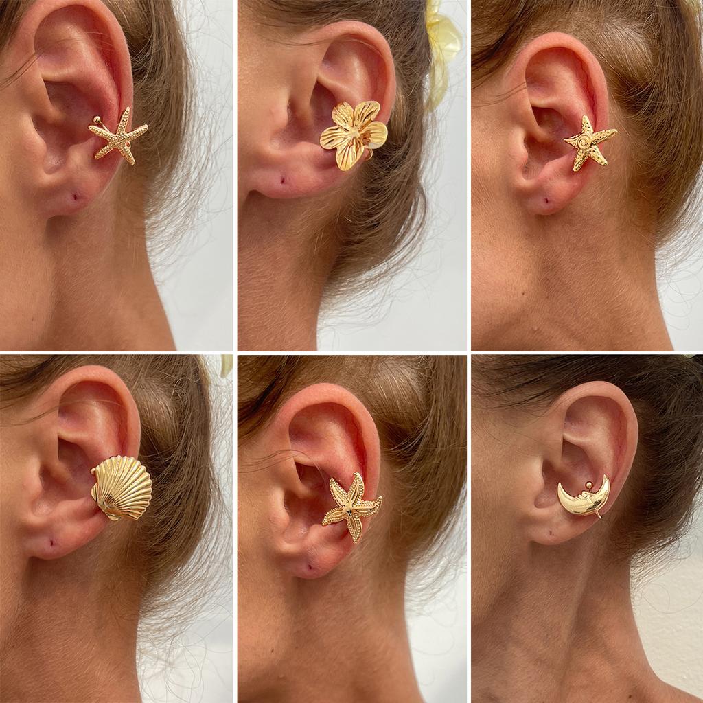 Ingemark 1pz Semplice Orecchino a Clip a Forma di Stella Marina Fiore per Orecchio da Donna Non Perforante Falso Cartilagine Luna Capesante Gioielli Regalo