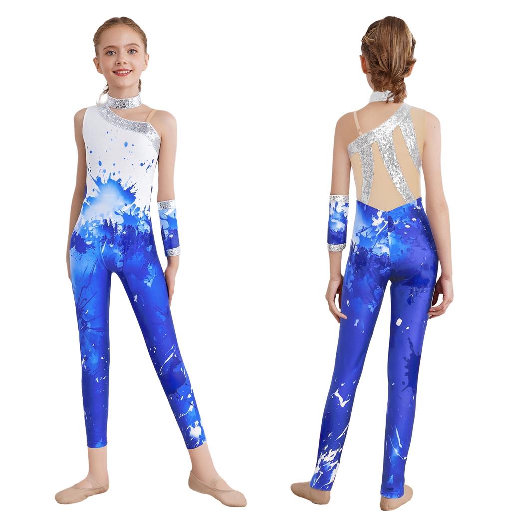 Girls Shiny Sequins Printed Gymnastics Jumpsuit: Sleeveless Asymmetrical Bodysuit Full Length Leotard 1Pc Glove for Figure Skating Dance Performance