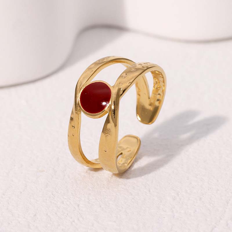 Vintage Red Drip Oil Geometric Rings for Women Stainless Steel Gold Color Heart Opening Adjustable Finger Rings Jewelry New