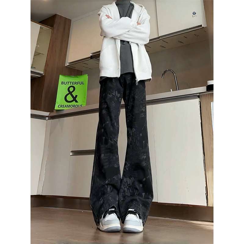 Джинсы клеш JYL для мужчин Американский стиль Жаккардовый камуфляж Весна Прямые джинсовые 3XL розовато-лиловый ярко-