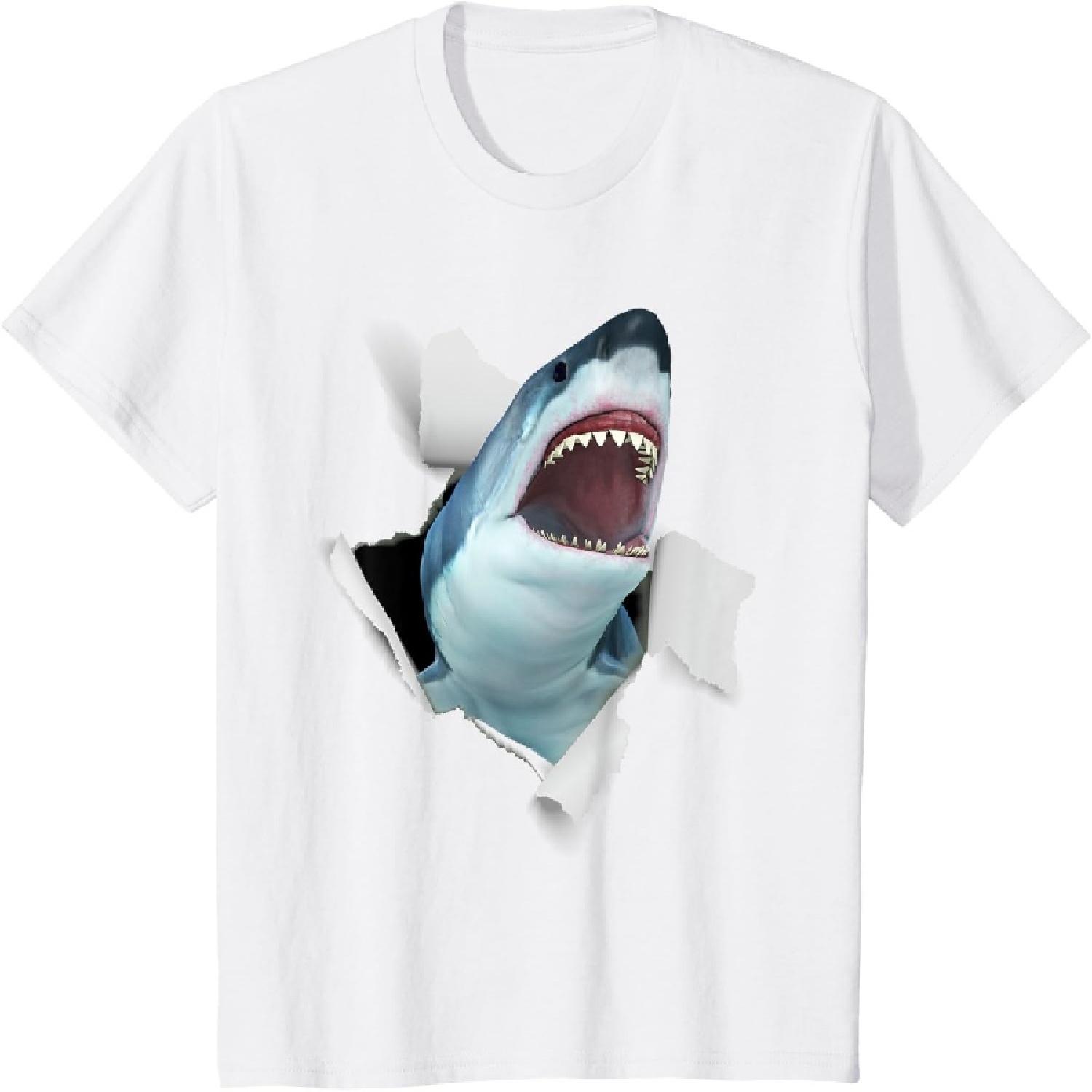 

Kids Shark T Shirt 3D Breakthrough Great White Shark Tee XXXXXL білий