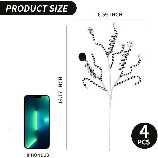 4PC Set Black/White Christmas Tree Decorations Picks Woolen Candy Curly Pick, Christmas Bells Picks Christmas Tree Decorations Home Office Vase Party