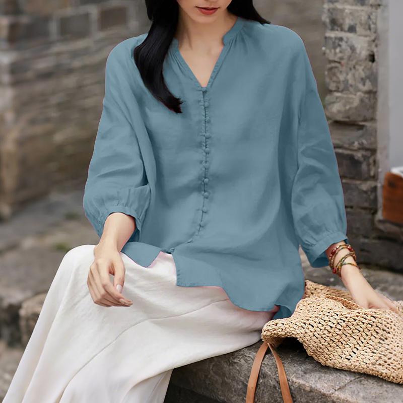 

ZANZEA Женская повседневная однотонная свободная блузка с V-образным вырезом и рукавом 3/4 M