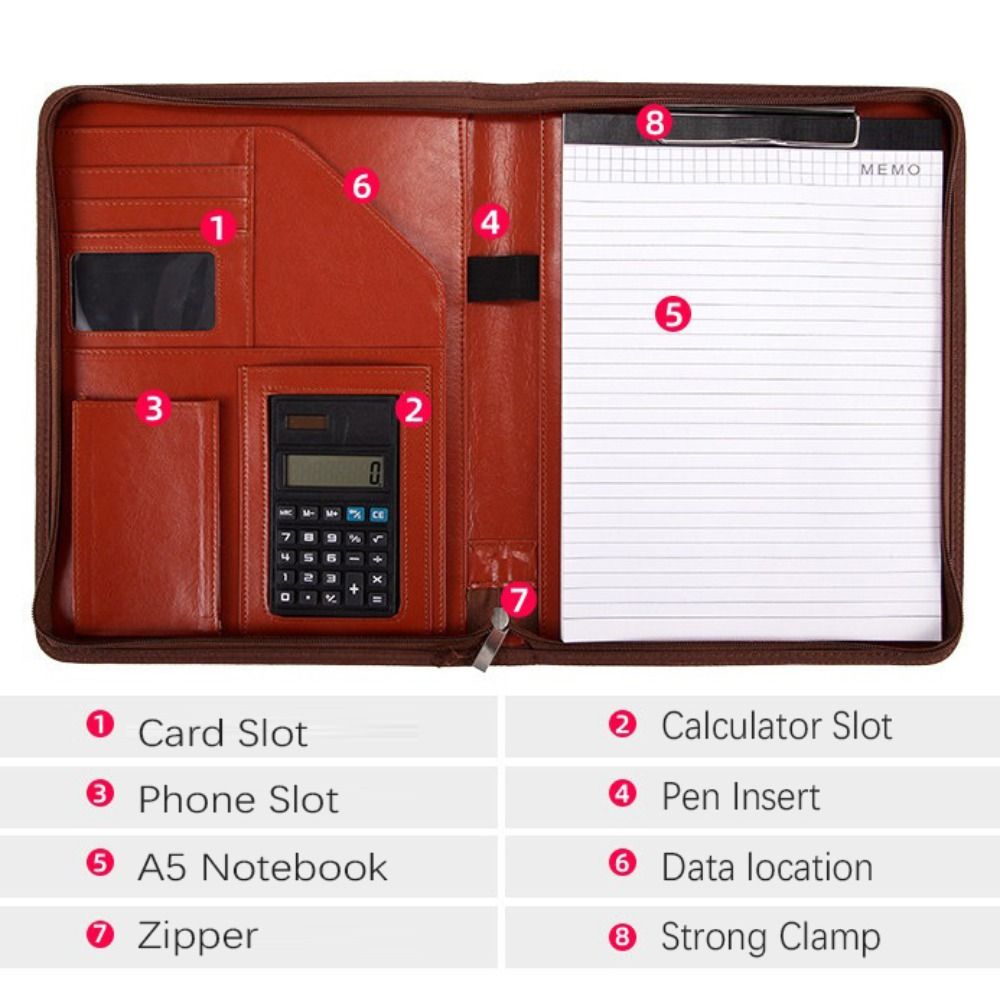 Portable PU Leather A4 File Folder Zipper Bag Card Holder Pen Insert Business Briefcase Zipper Closure Memo Pad Clip Conference