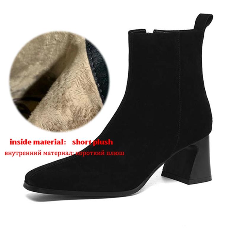Krazing Pot Cow Suede Nubuck Winter Square Toe Modern Boots Thick High Heels Zipper Women Ankle Boots
