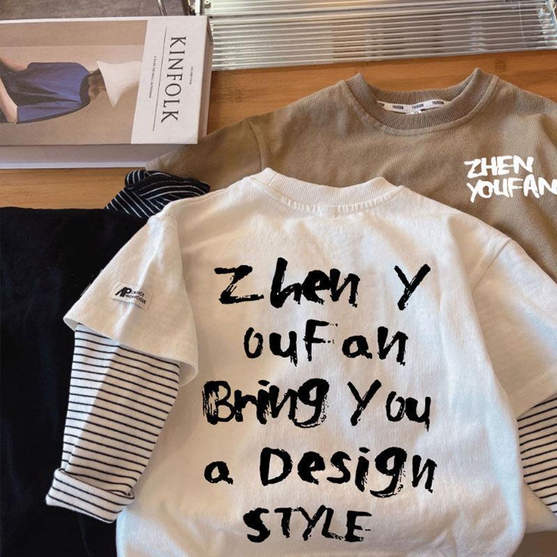 Boys Korean Fake Two Piece Long Sleeve T Shirt Spring Autumn Fashionable Round Neck Base Layer Top Kids Trendy Clothes 80