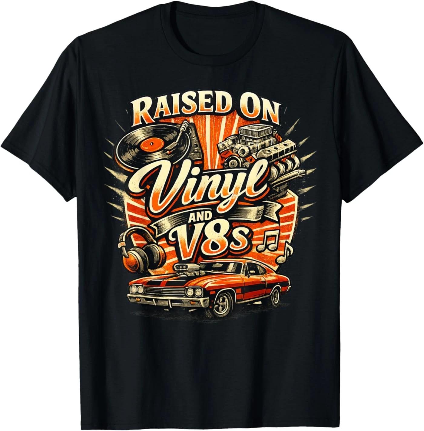 Vintage Raised On Vinyl and V8s Retro Car Music Culture T-Shirt XL