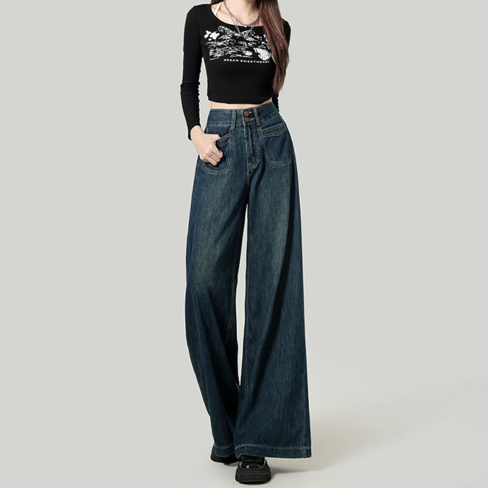 Jeans tendance neutres à jambes larges pour femmes printemps et automne nouveau taille haute ample et amincissant jeans serpillière
