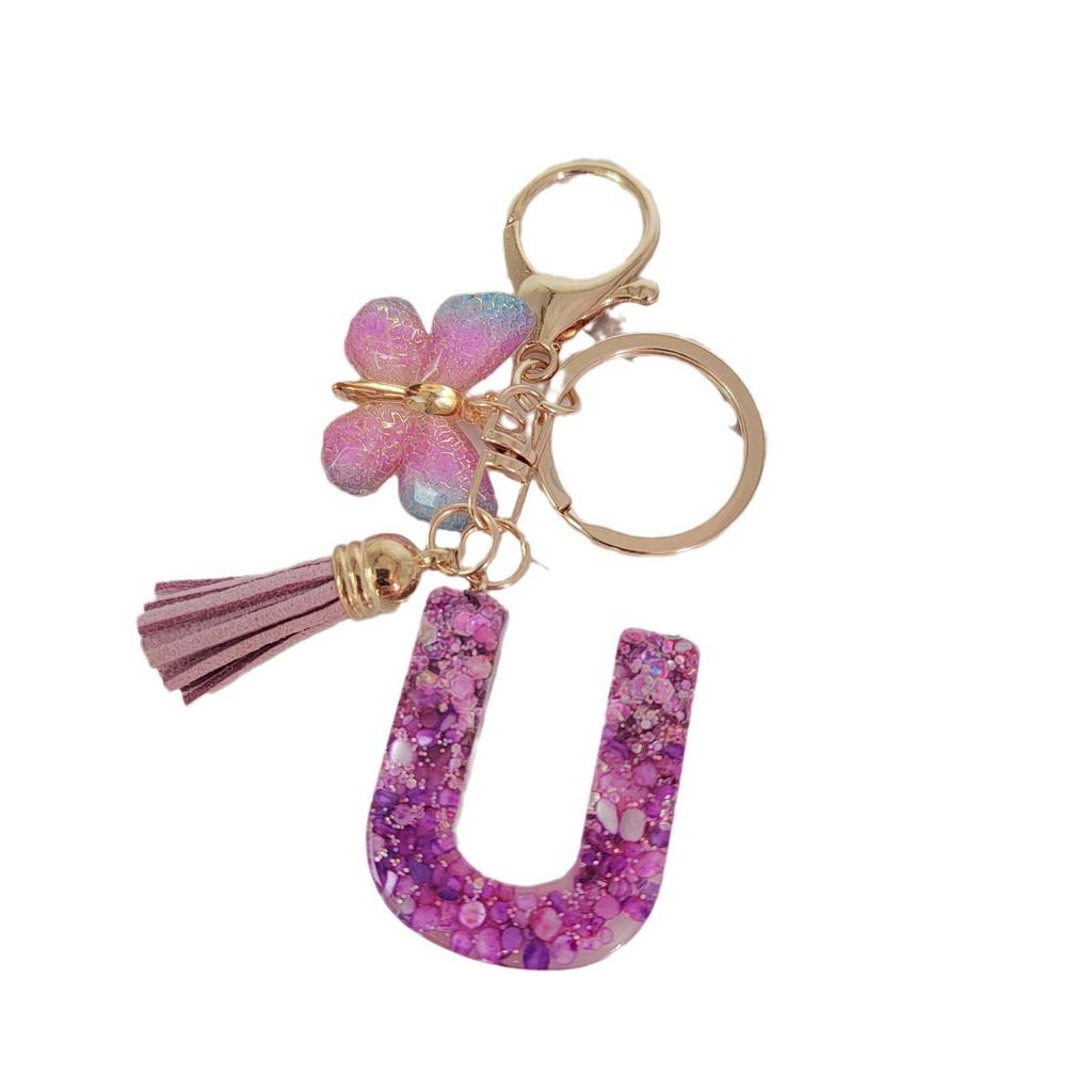 Purple Iridescent Resin Letter Keychain with Butterfly Tassel