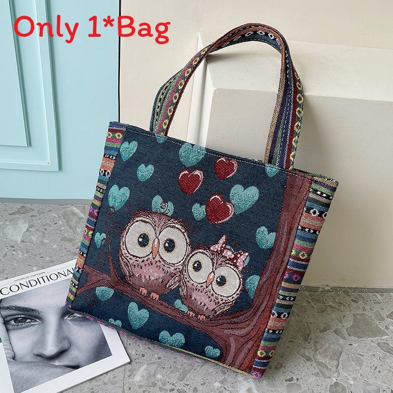 Canvas Embroidered Owl Tote Bag With Zipper Closure For Daily Use