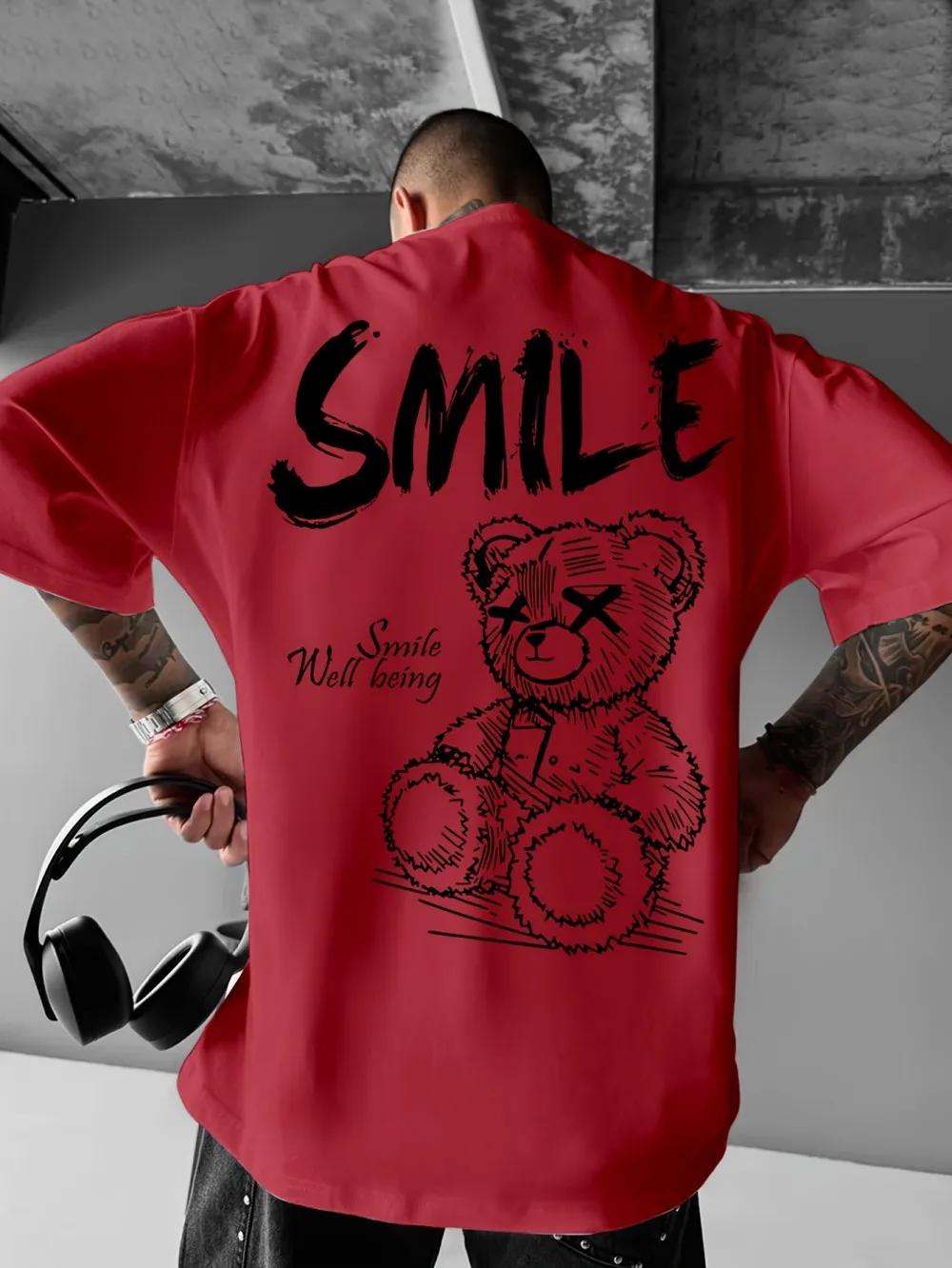 

Trendy men s personalized Teddy bear pattern printed 100% pure cotton comfortable round-neck short-sleeved T-shirt, street top 4XL