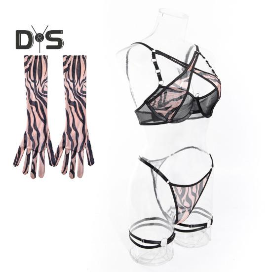 1 Set Damen-Unterwäscheset inklusive Handschuhen und Oberschenkelringen, Kettendekor, Herzdruck, G-String, ausgehöhlt, verstellbarer Kreuzgurt, Schlafzimmer, Hochzeitsnacht