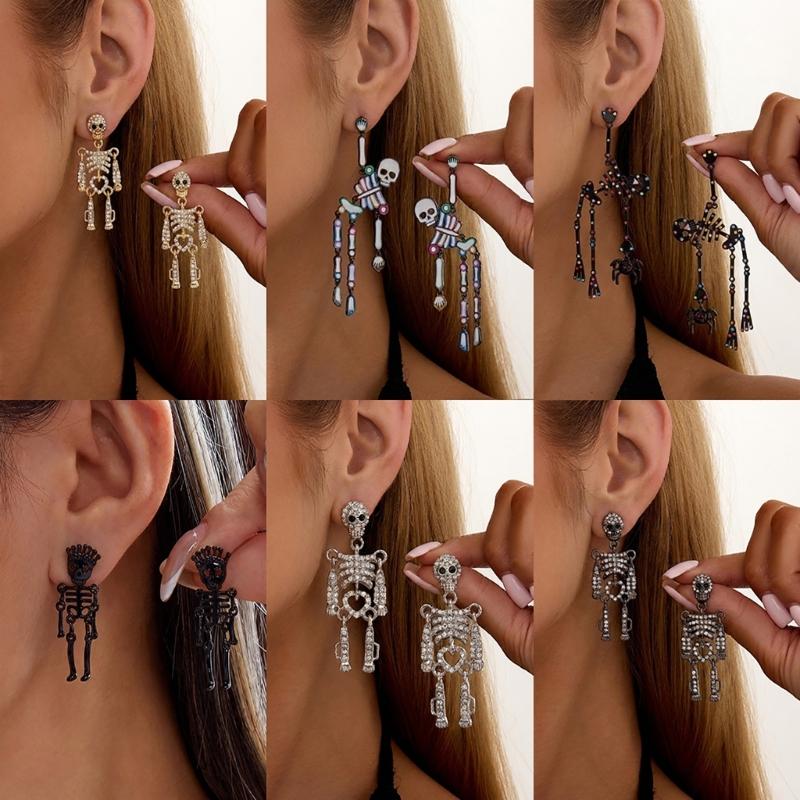 Skull Stud Drop Earrings Pair, Halloween Alloy Statement Jewelry for Costume Styling, Stage Looks and Theme Parties