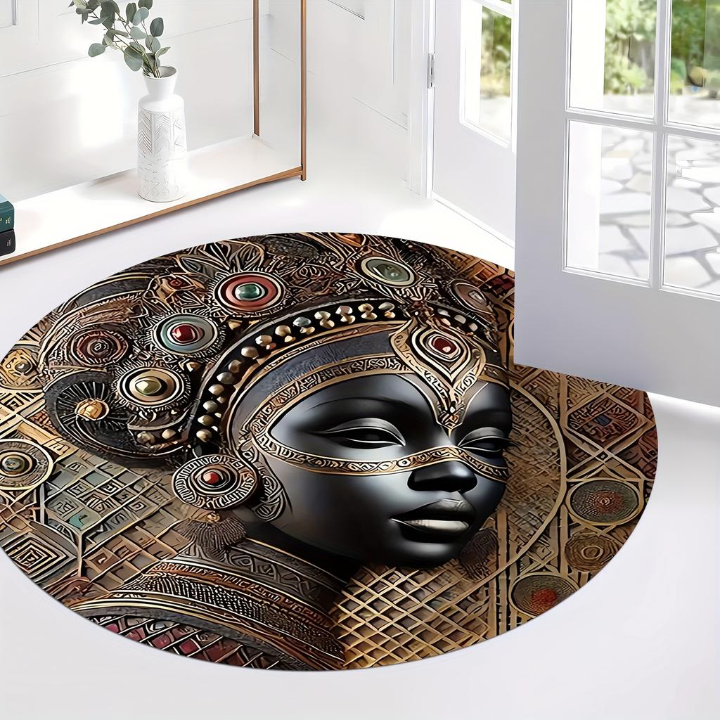 Vintage African Tribal Round Rug, Intricate Geometric Pattern Mat, Soft Washable Polyester Carpet for Living Room, Bedroom Decor
