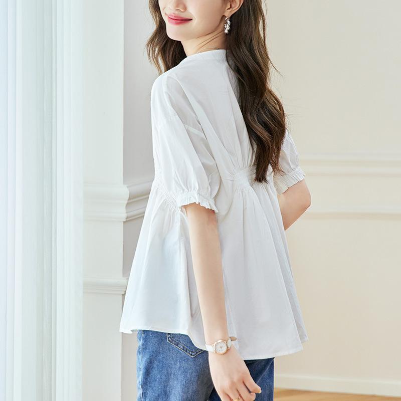 Asymmetric Pleated Short-sleeved Shirt for Summer New Design Niche Loose Round Neck Top