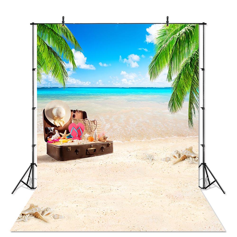 Sea Beach Sand Cloudy Blue Sky Scene Summer Beach Photography Backdrop for Photo Studio Tropical Palms Coconut Tree Background