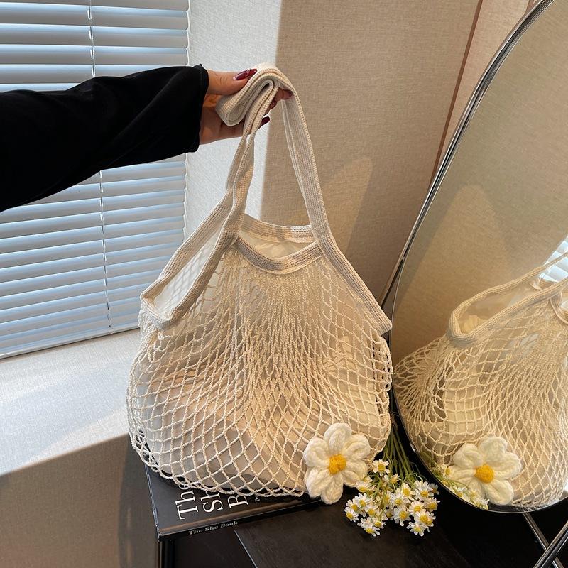 Casual mesh bag retro hollow woven shoulder tote bag large capacity lazy wind beach bag women