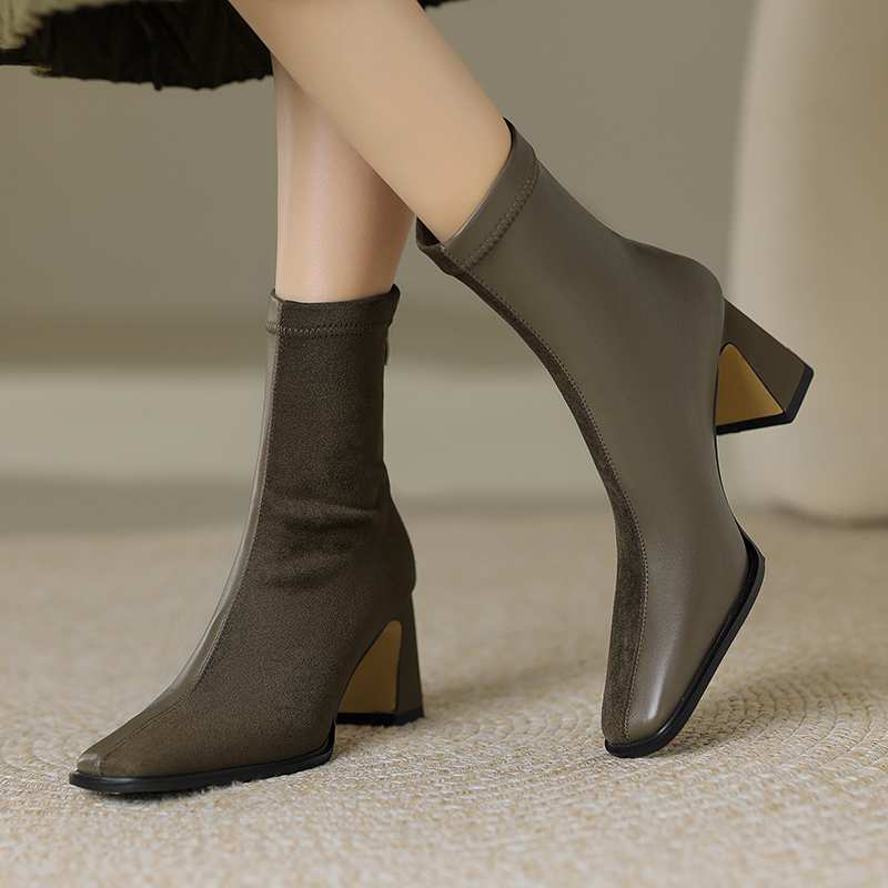 Krazing Pot Microfiber Flock Winter Square Toe Thick High Heels Slip on Stretch Boots Stovepipe Women Ankle Boots