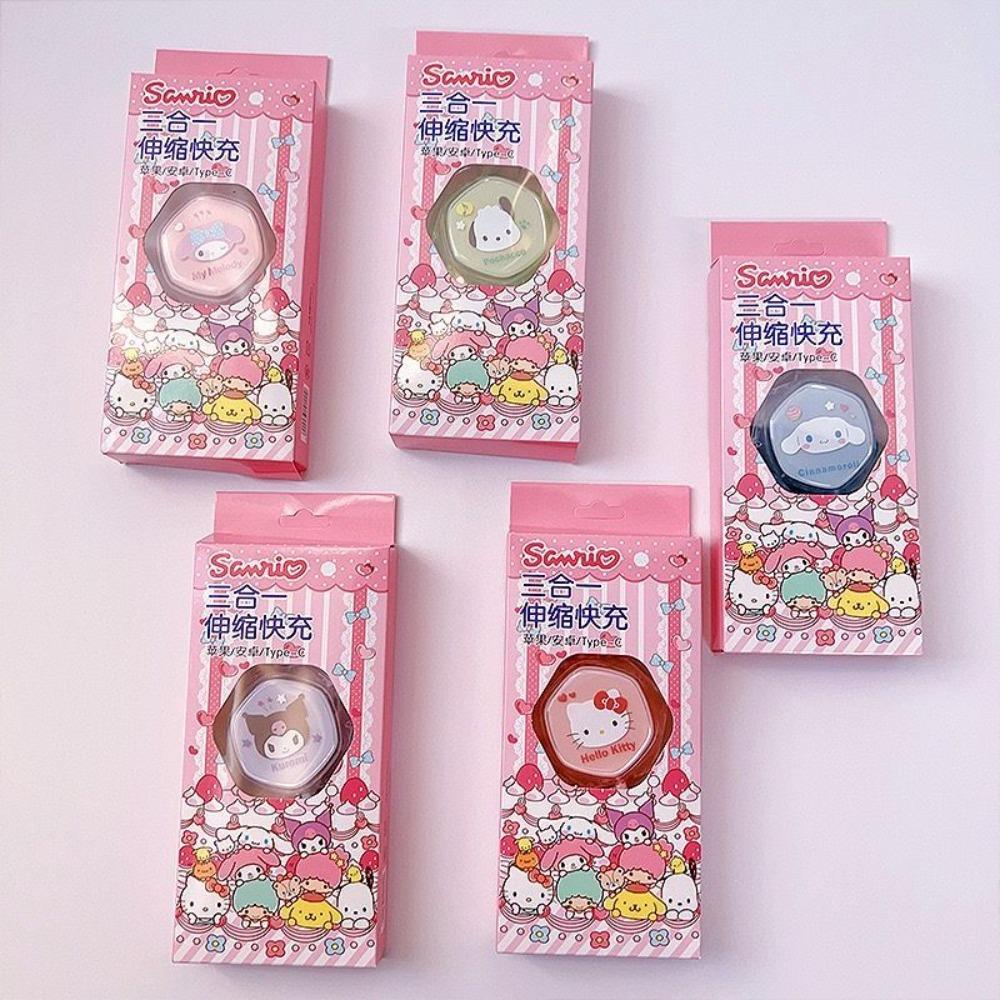 Cute Cartoon Kt Cat Melody Extendable Three-In-One Fast Charging Data Cable Suitable For Apple/Android/Huawei Type-C