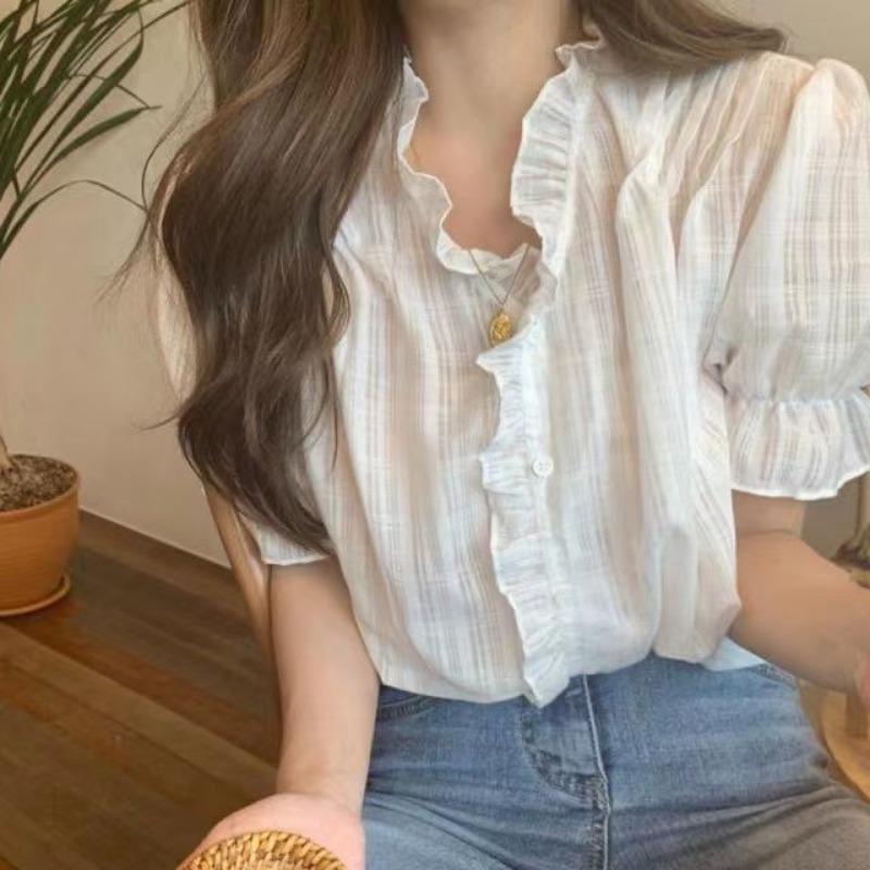 Women s Ruffle Trim V-Neck Puff Sleeve Blouse S белый