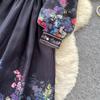 Vintage Black Floral Printted Maxi Dress Long Chiffon Sleeve Elegant Spring Palace Print Single-breasted Shirt Dress with Belt