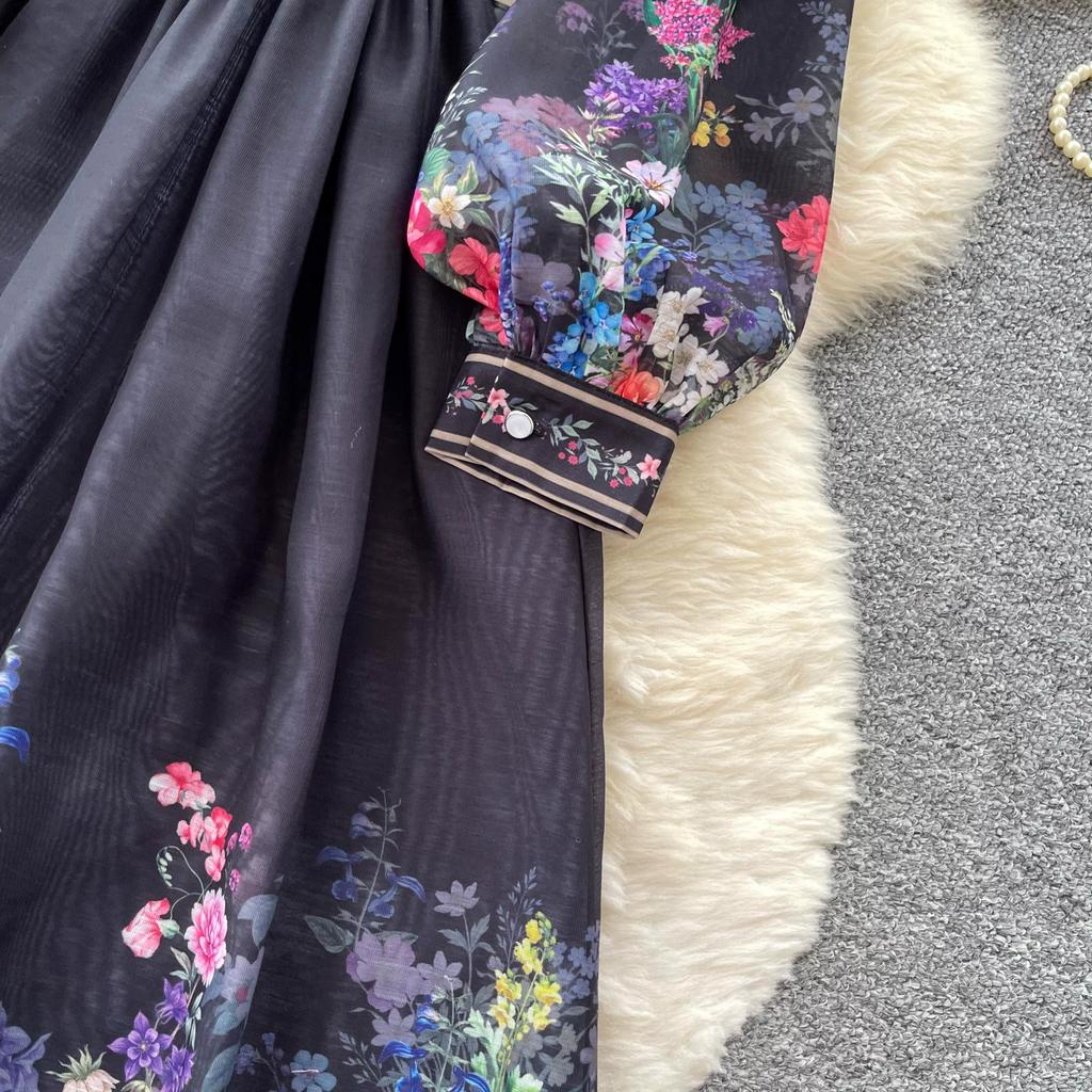 Vintage Black Floral Printted Maxi Dress Long Chiffon Sleeve Elegant Spring Palace Print Single-breasted Shirt Dress with Belt