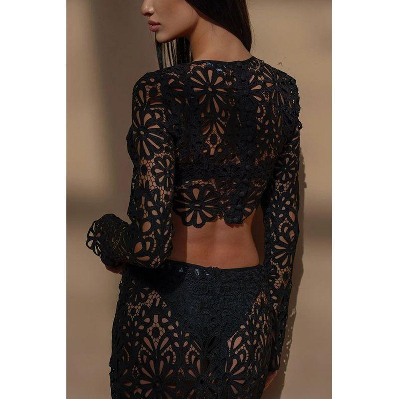 

Hollow Lace Top and Long Skirt Set Hollow-out Lace Tops Skirt Suit 2517 Black Tops XL