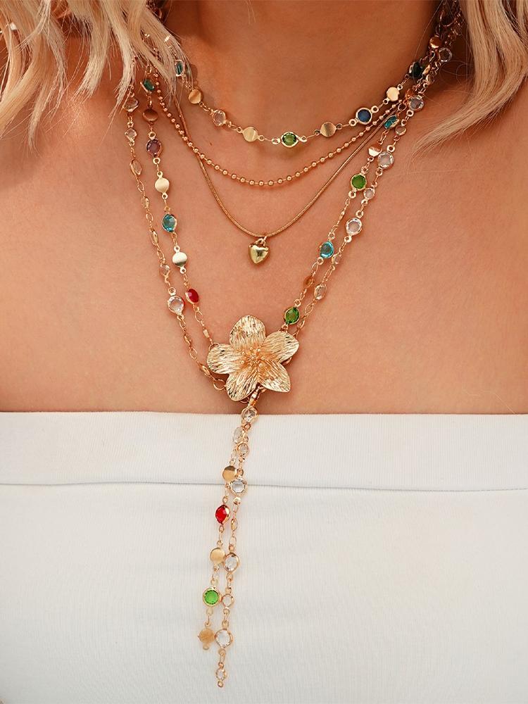 

5 Pcs Vintage Floral Colorful Crystal Tassel Necklace Set for Women Exquisite Shiny Rhinestone Choker Boho Party Jewelry Gifts