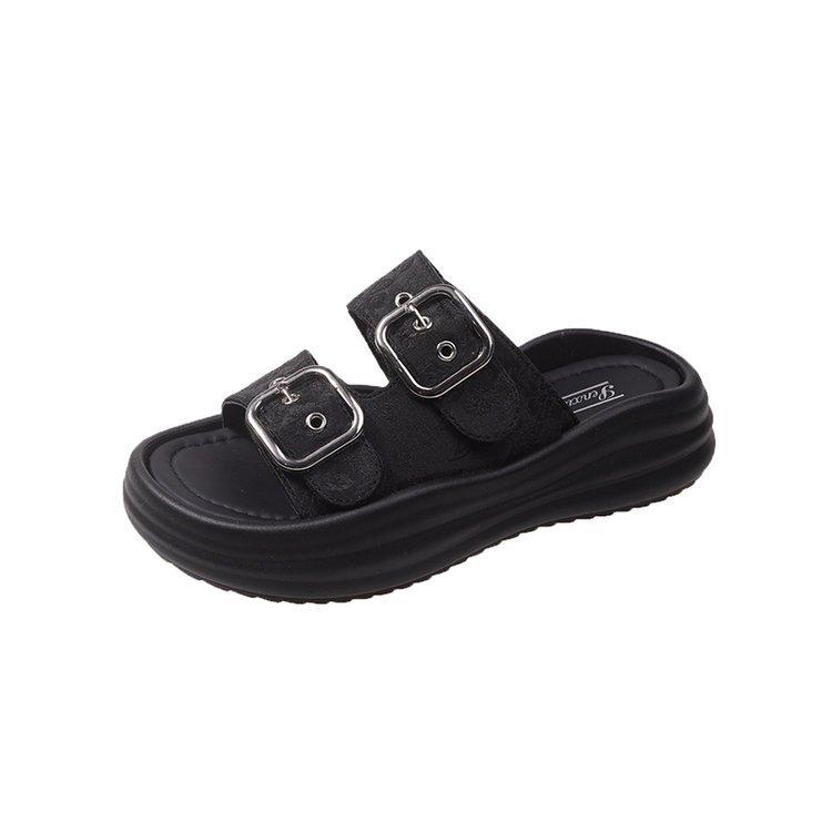 

Тапочки с пряжкой на поясе женские летние 2024 года, универсальная верхняя одежда, пляжные тапочки на платформе, национальная мода, удобные дышащие сандалии 35 чёрный