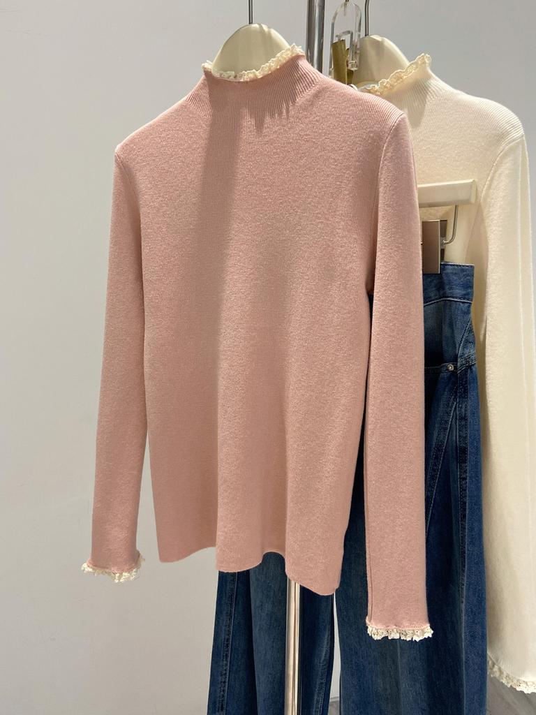 Dopamine semi-turtleneck lace top women's soft waxy knitted sweater autumn and winter slim and thin inner long-sleeved backing sweater