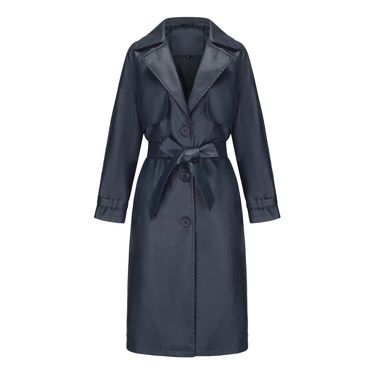 

Женская куртка-ветровка свободного кроя из искусственной кожи, длинная и свободная, с классическими лацканами и поясом, на весну и осень XL