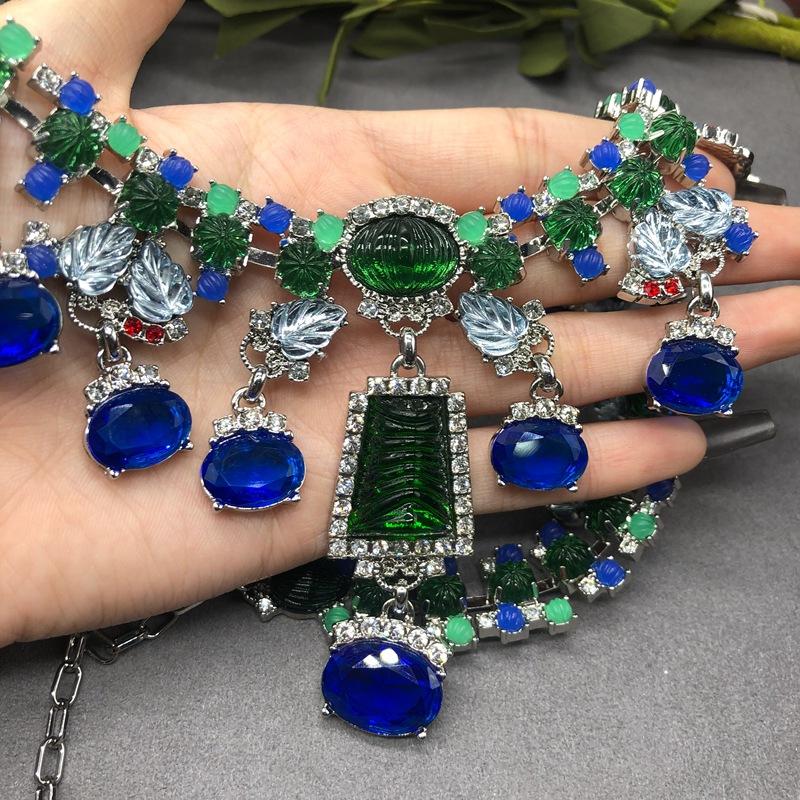 Medieval Heavy Industry Blue Rhinestone Necklace Earring Set for Women's High End Orders, Exaggerated High End Charm Necklace Earrings