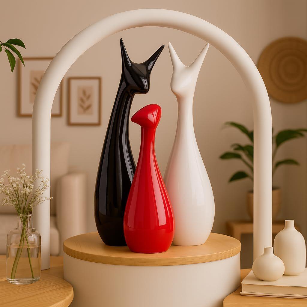 Home Decor Lucky Deer Statue Family Piano Finish Ceramic Figures - (Set of 3, Red Black, White)