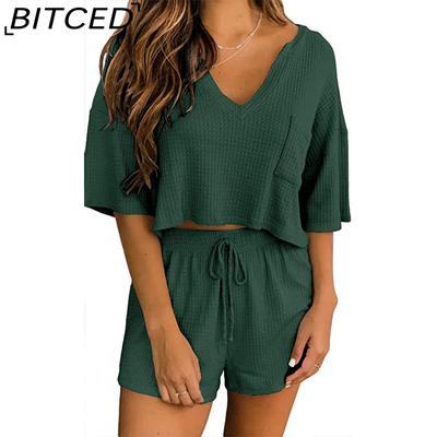 Spring and Summer Women's Short-sleeved V-neck Top Shorts Home Two-piece Suit