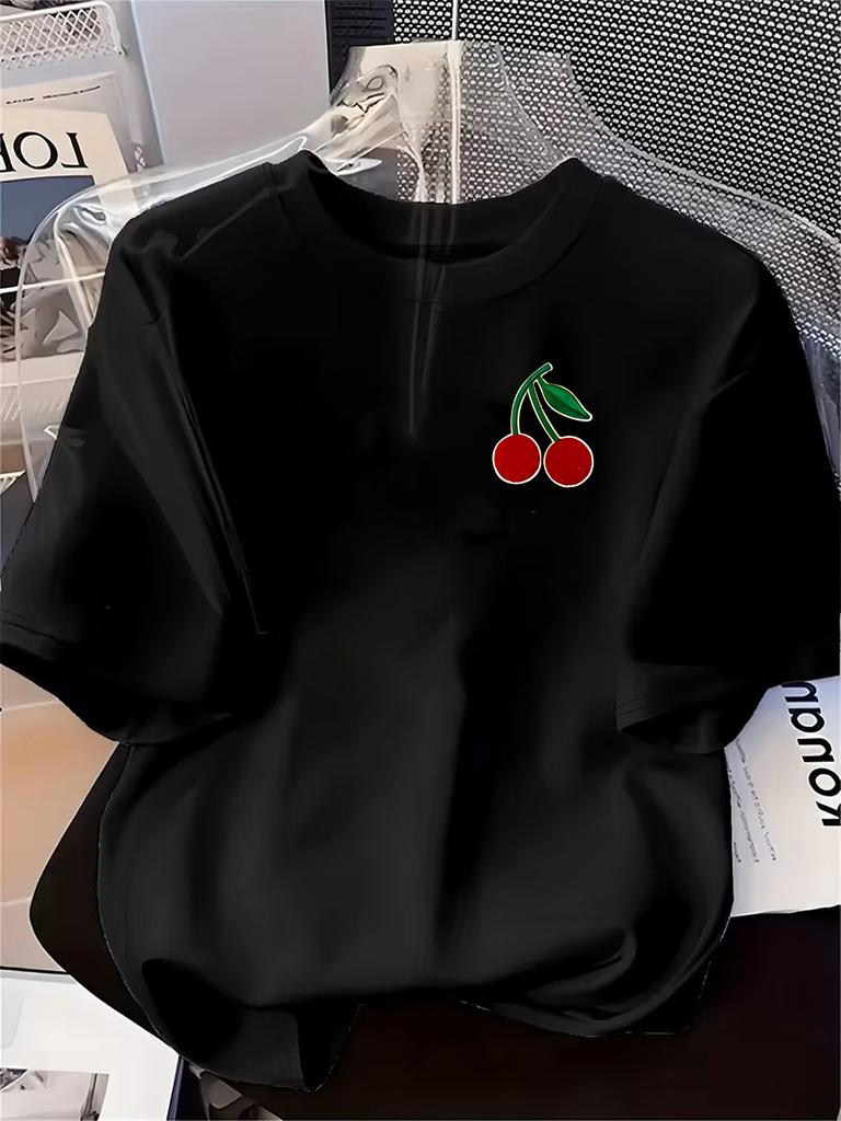 Cherry Pattern Summer New Women's Printed T-shirt Casual Fashion Elegant Round Neck Casual Women's Clothing