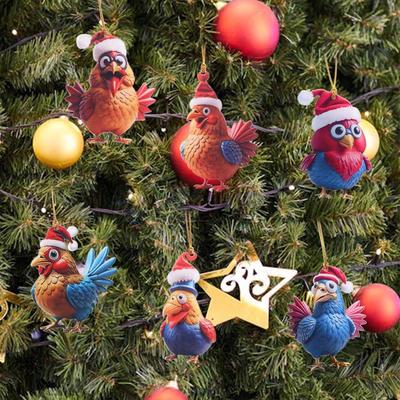 Flat Rooster Pendant Cartoon Cute Christmas Rooster 2D Acrylic Ornament Funny Christmas Chicken Rooster Ornament For Homes Cars
